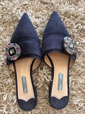 Prada Navy Suede Pointed-Toe Mules with Jewel Buckle 8